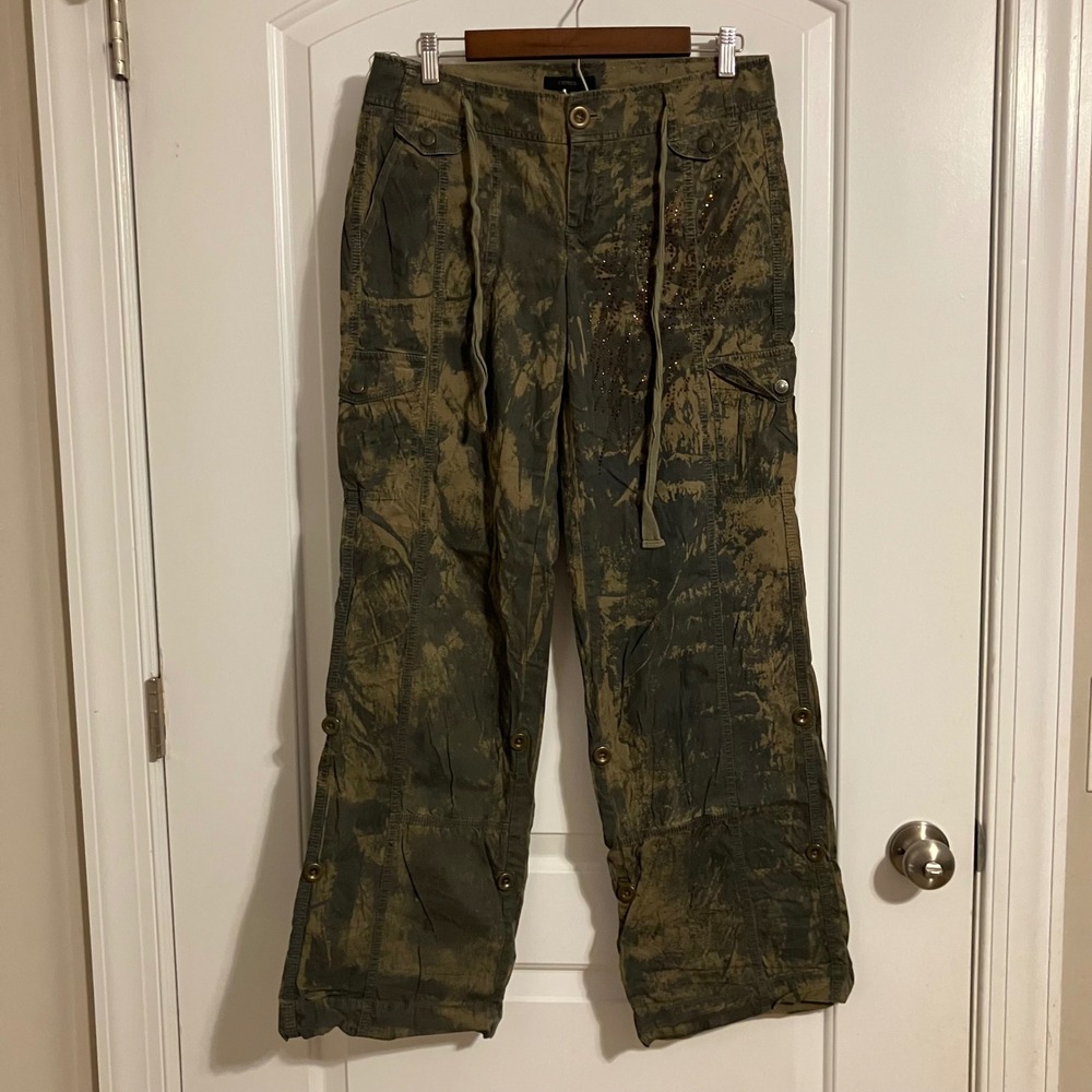 Express Vintage Cargo Pants Green Acid Wash Studded Wide Leg Y2K Women 8